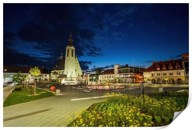 Limanowa, Poland : Panorama City center main square night view with a famous church and building cityscape a unit of local government powiat in Lesser Poland Voivodeship, southern Polish town Print by Arpan Bhatia