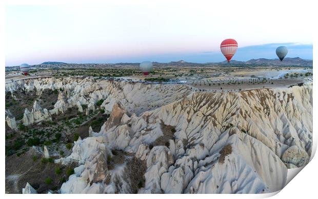Wide angle view of hot air balloons against unique geological fo Print by Arpan Bhatia