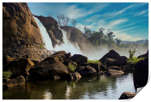 A landscape view of a waterfall named Athirapally Print by Arpan Bhatia
