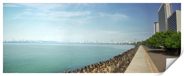 Panoramic shot of modern building by the seacoast of mumbai, India Print by Arpan Bhatia