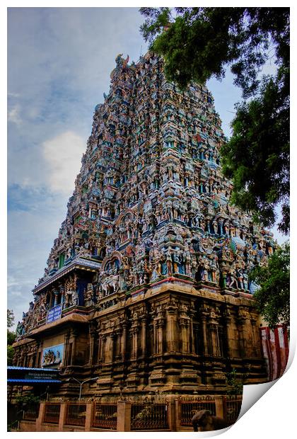 Madurai, South India - November 02, 2018: One of the hindu religious temple amongst many in Meenakshi temple against blue sky Print by Arpan Bhatia