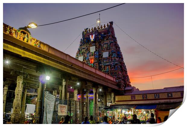 Chennai, South India - October 27, 2018: A hindu temple Dedicated to Lord Venkat Krishna, the Parthasarathy temple located at Triplicane during night with devotee worship in the building Print by Arpan Bhatia