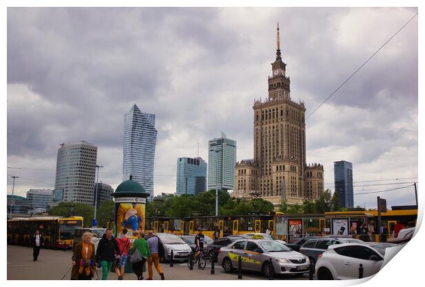 Warsaw, Poland - June 01, 2017: Cityscape showing people and traffic against Palace of Culture and sciences one of the main travel attractions, symbol of Warsaw city located in central Europe Print by Arpan Bhatia