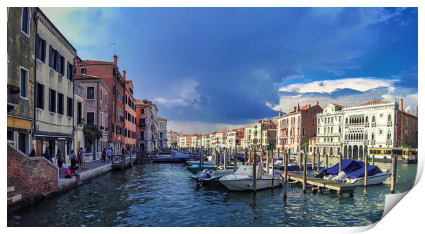 Venice, Italy - September 03, 2018: Wide angle panorama shot of canal view from Rialto bridge Print by Arpan Bhatia