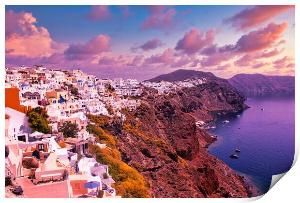 Santorini, Greece: Beautiful city of Oia ( Ia ) on a hill of white houses with blue roof against dramatic pink sky, located in Greek Cyclades islands in Mediterranean sea Print by Arpan Bhatia