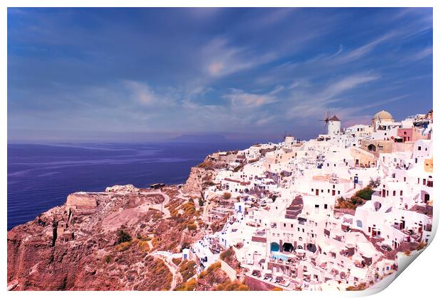 Santorini, Greece - September 11, 2017: Wide angle panoramic view of Oia Santorini white buildings on the hillside facing north against the blue sky. Cityscape of famous greek island Print by Arpan Bhatia