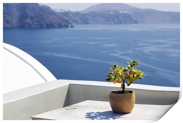 Santorini, Greece: A pot with flower or plant and a plate on a wooden table against beautiful sea ocean background Print by Arpan Bhatia