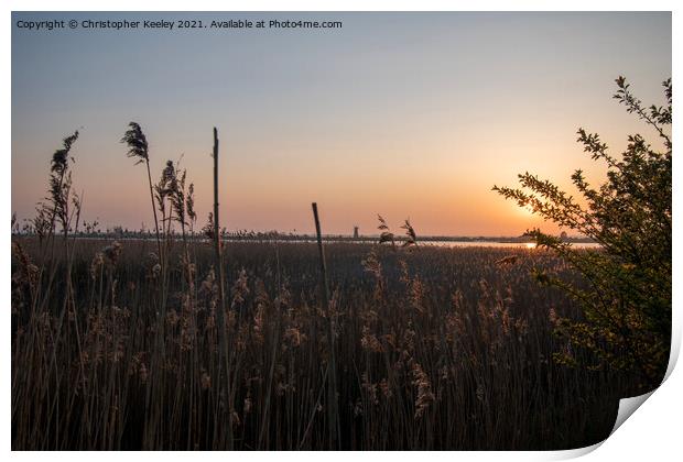 Norfolk Broads sunset Print by Christopher Keeley