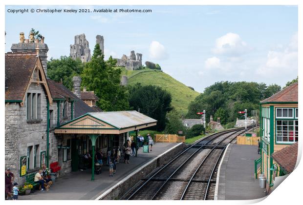 Corfe Castle and railway Print by Christopher Keeley