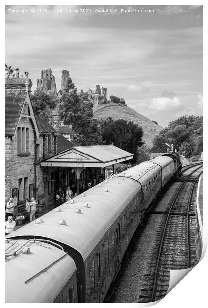 Steam train at Corfe Castle Print by Christopher Keeley