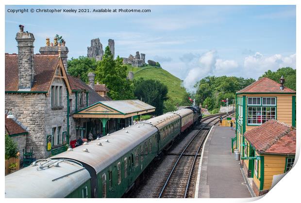 Summer at Corfe Castle railway station Print by Christopher Keeley