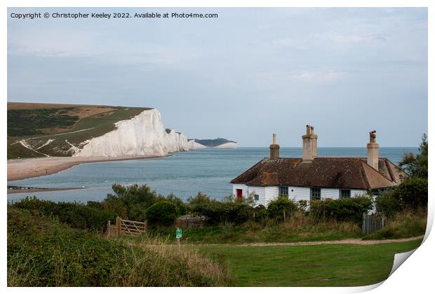 Seven Sisters Cliffs coastguard cottages Print by Christopher Keeley