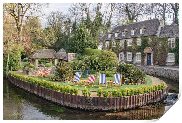 Cotswolds hotel and deck chairs in Bibury Print by Christopher Keeley