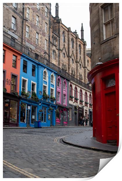 Looking onto Victoria Street, 'Diagon Alley', in Edinburgh city centre Print by Christopher Keeley