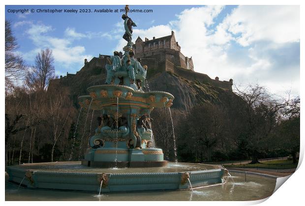 Cloudy skies over Ross Fountain and Edinburgh Castle Print by Christopher Keeley