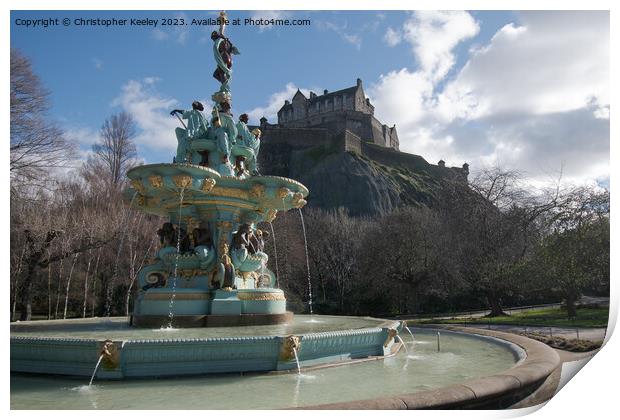 Ross Fountain in Edinburgh and castle views Print by Christopher Keeley