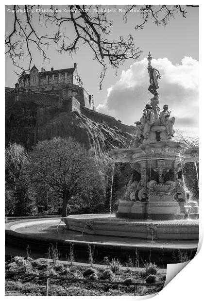 Moody Ross Fountain and Edinburgh Castle in black and white Print by Christopher Keeley