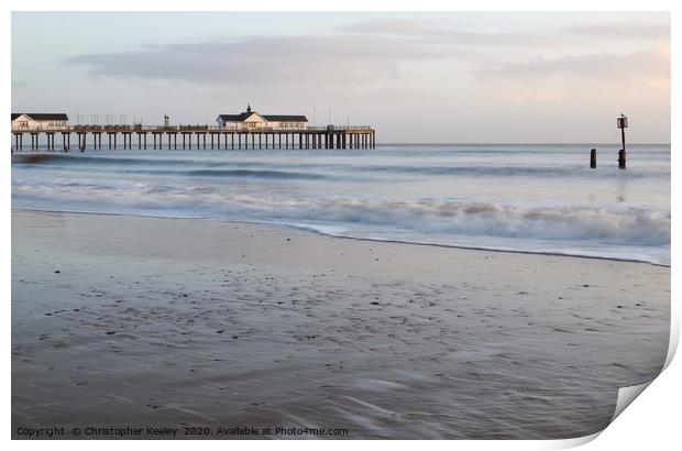 Southwold pier and beach Print by Christopher Keeley