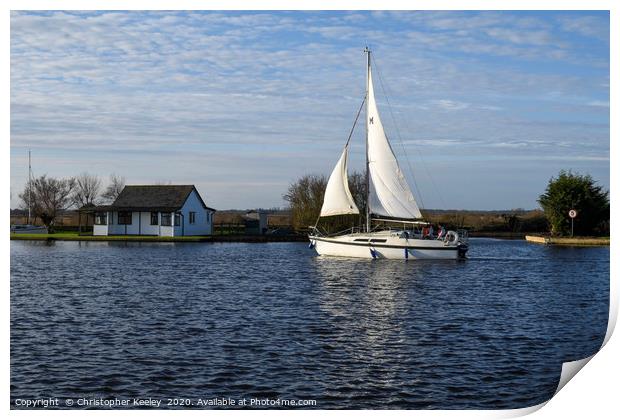 Sailing boat on the Norfolk Broads. Print by Christopher Keeley