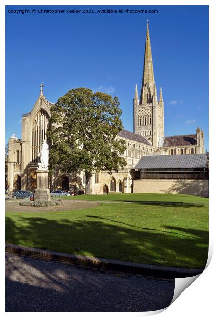 Blue skies at Norwich Cathedral Print by Christopher Keeley