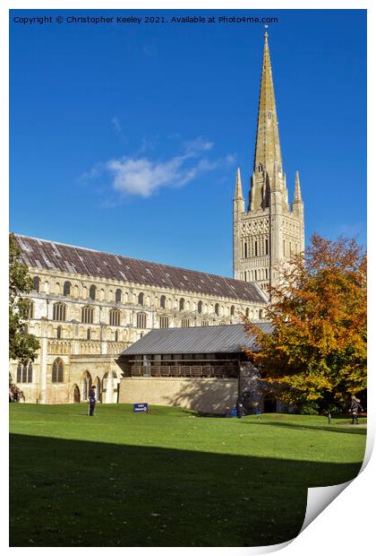 Sunny autumn day at Norwich Cathedral Print by Christopher Keeley