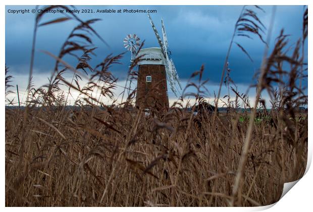 Horsey Windpump through the reeds Print by Christopher Keeley