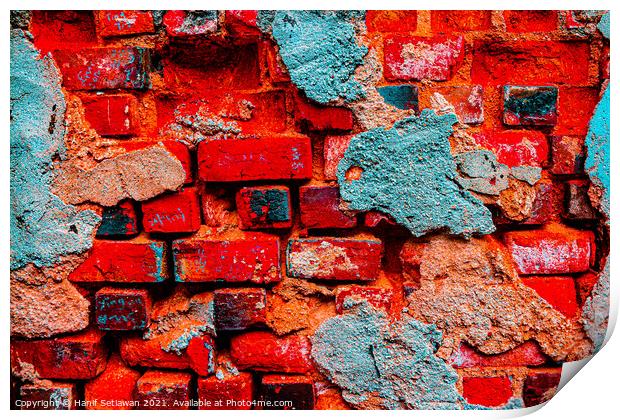 A damaged brick wall in digital red turquoise blue Print by Hanif Setiawan