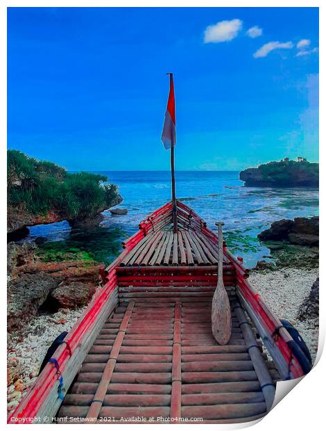 A bamboo longtail boat as view point Print by Hanif Setiawan