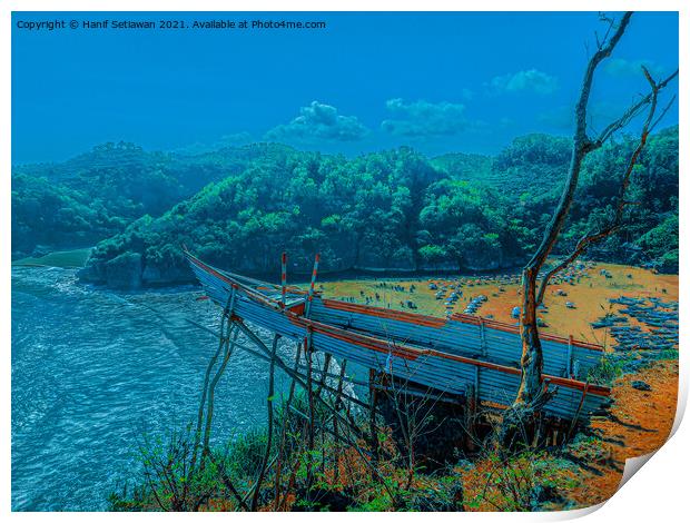 A bamboo fishing boat as high view point over the lagoon beach Baron. Print by Hanif Setiawan