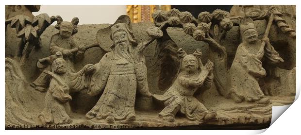 Buddhist bas-relief with sculptures of a family. Print by Hanif Setiawan