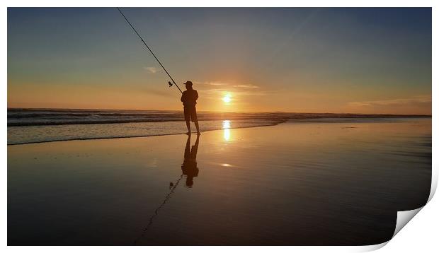 Fisherman on wide sand beach at sunset 1 Print by Hanif Setiawan