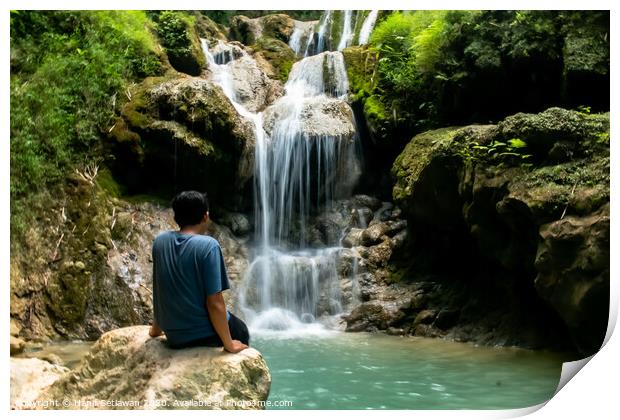 Young man enjoys the waterfall Mudal 3 Print by Hanif Setiawan