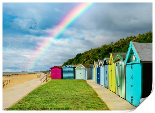 Beach huts and rainbow at Holland-on-Sea Print by Paula Tracy