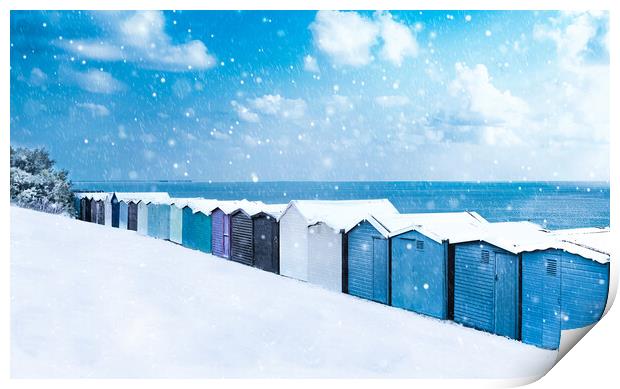 Beach huts in the snow at Frinton on Sea Print by Paula Tracy