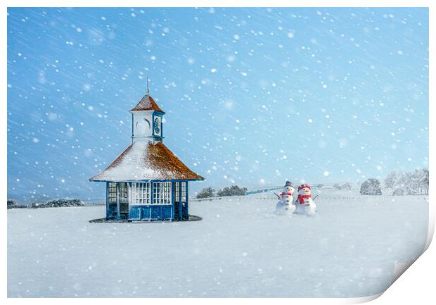 Snowy day at Frinton with cute snowmen Print by Paula Tracy