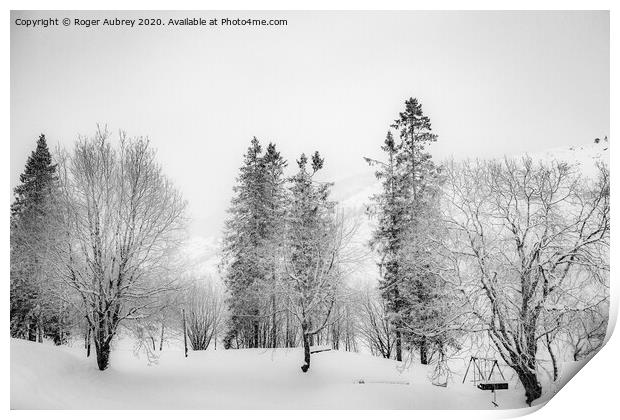Snow covered trees, Norway Print by Roger Aubrey