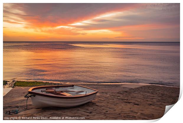 Fishing boat on the cobbles at Robin Hoods bay Print by Richard Perks