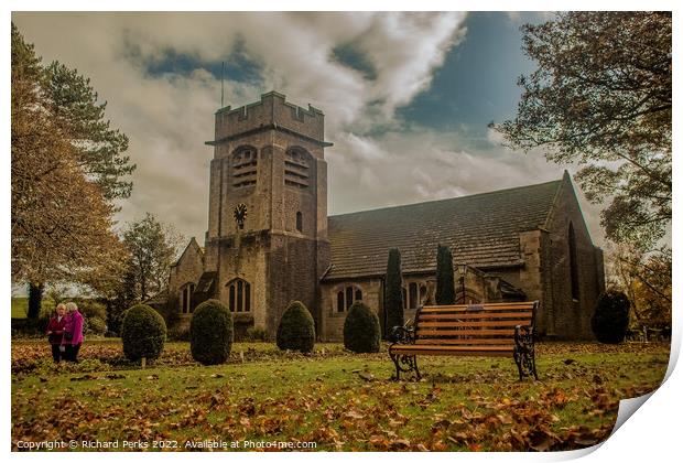 Autumn leaves the church Print by Richard Perks