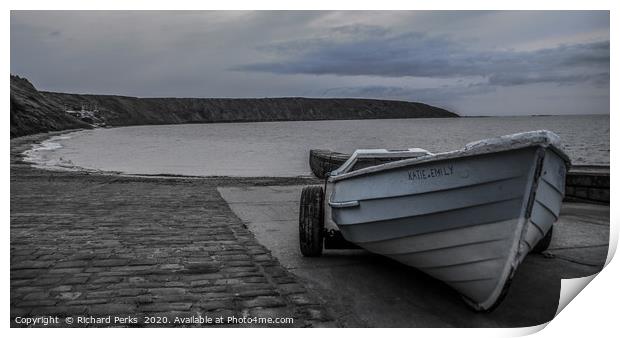 Emily and Katie`s boat on Filey Beach Print by Richard Perks