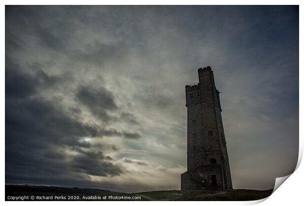 Majestic Castle Hill Tower Amidst Rolling Clouds Print by Richard Perks