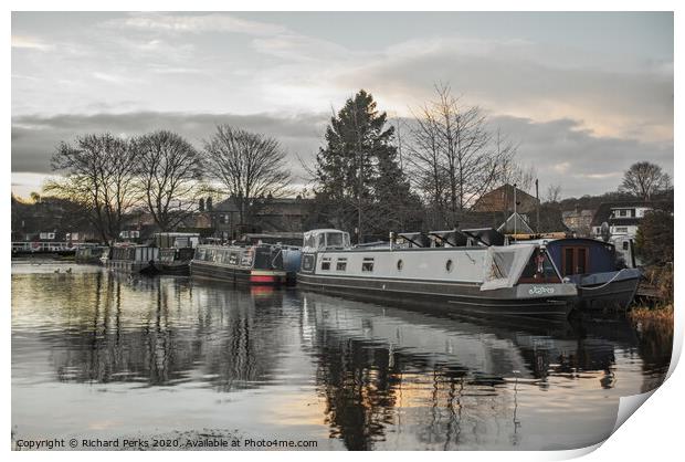 Barges at Apperley Bridge in Winter Print by Richard Perks