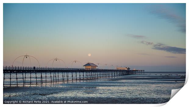 Moon over Southport Pier Print by Richard Perks