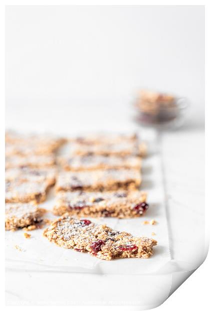 Vegan Energy Oat Bars With Coconut, Rice Puffs and Dried Cranberries Print by Radu Bercan