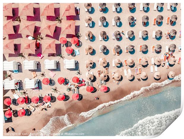 People Red Umbrellas On Beach, Aerial Sea Beach Print Print by Radu Bercan