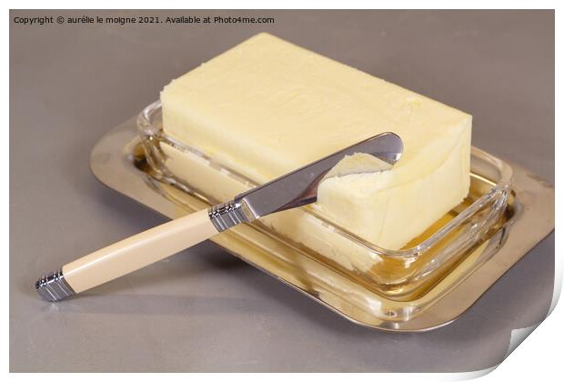 Pack of butter in a butter dish Print by aurélie le moigne