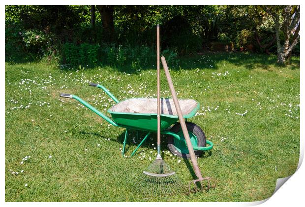 Wheelbarrow with lawn rake and claw cultivator Print by aurélie le moigne