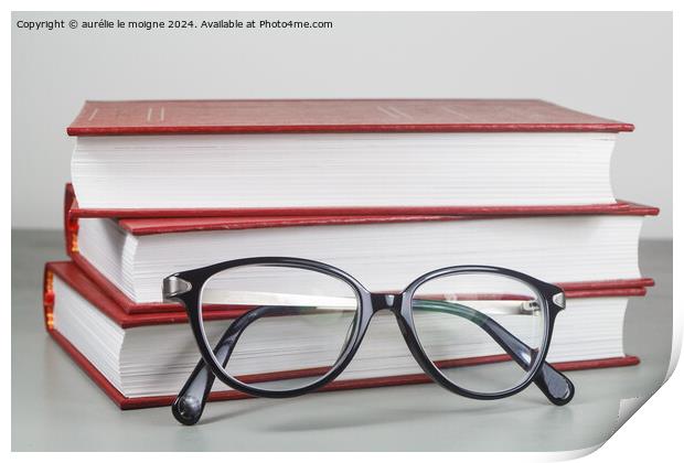 Heap of red books and glasses Print by aurélie le moigne
