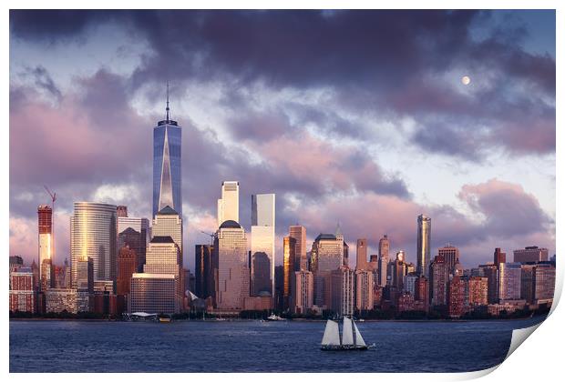 Lower Manhattan Skyline and moon rising at Blue Ho Print by Pere Sanz