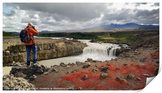 Landscape Photographer Capturing an Image of Thjofafoss Waterfall with Hekla Volcano on Top, Iceland Print by Pere Sanz