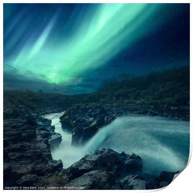 Aurora Borealis over a River in Iceland Print by Pere Sanz